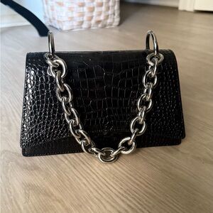 Black Croc-Embossed Chain Shoulder Bag